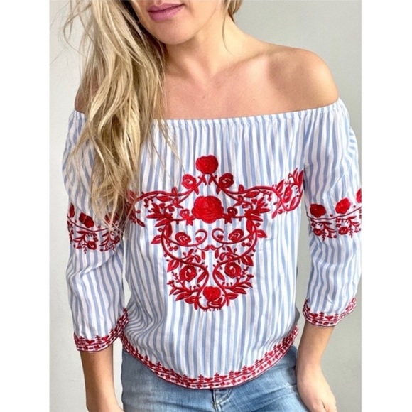 Gianni Bini Embroidered Peasant Blouse L Blue Boho Off the Shoulder Stripe Beach - Picture 1 of 9